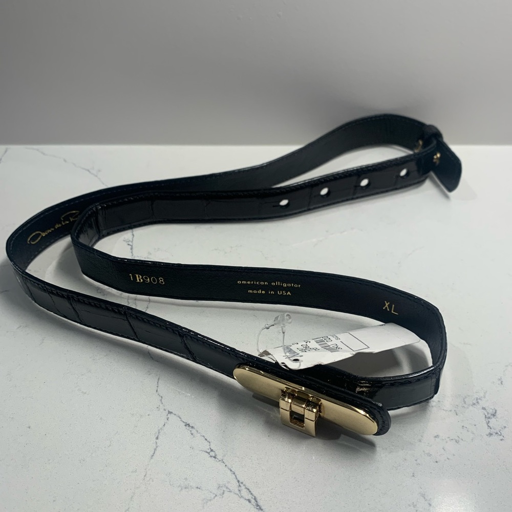NWT Oscar de la Renta Vintage Thin Black/Gold Alligator Belt